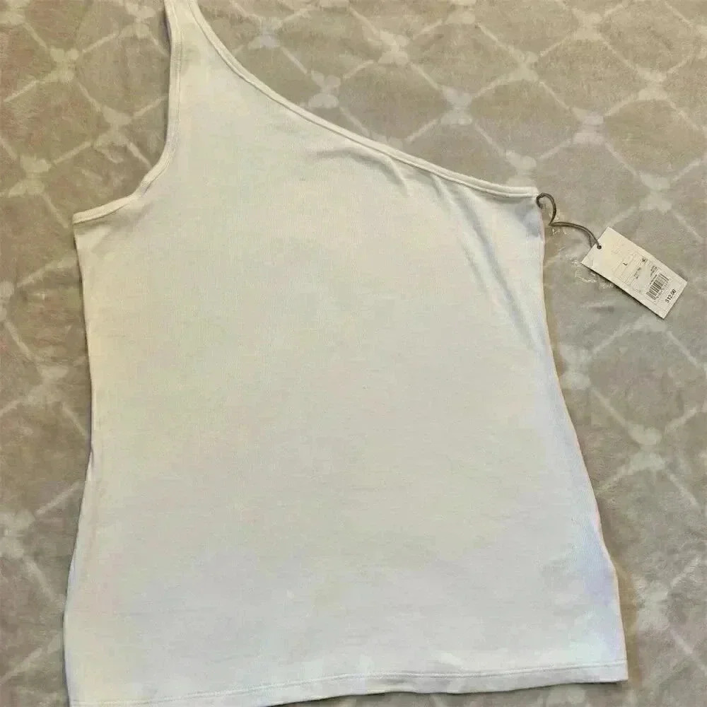 A New Day Women's White One-Shoulder Ribbed Top Size L Sleeveless Casual Blouse